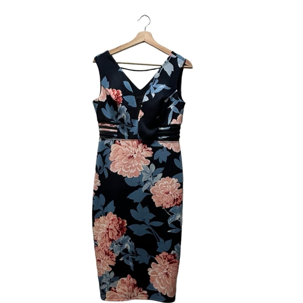 Enfocus Studio Blue Floral Midi Dress w/Bold Pink/Blue Colors Sleeveless Size-8